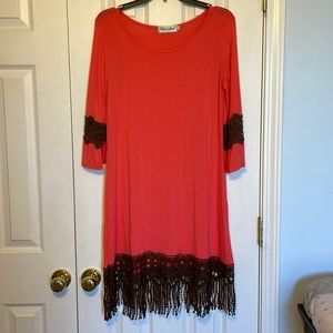 Long sleeve Hot pink & Brown Dress  with Fringe Flower Design.